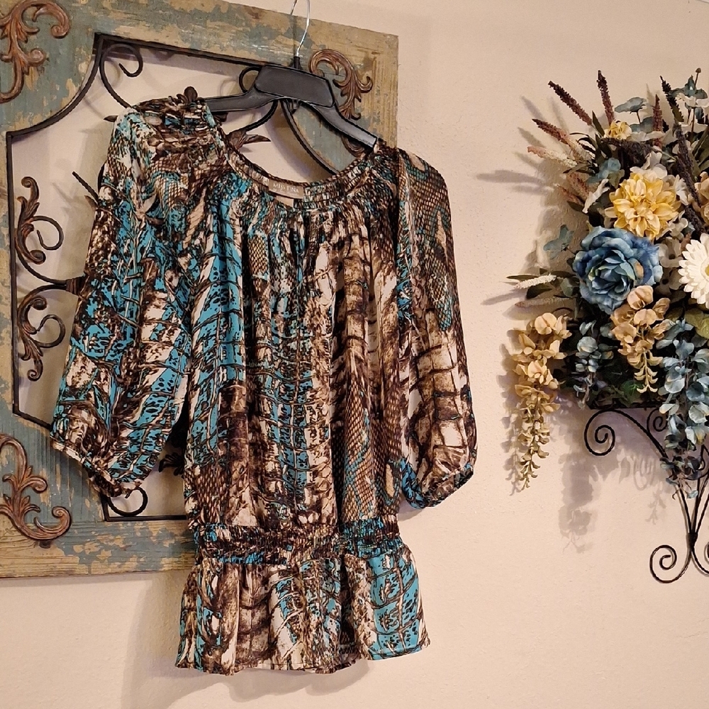 Miss Tina Turquoise and Brown Patterned Blouse. NWOT Size M